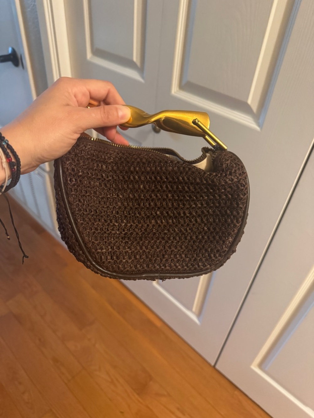 ZARA Woven Crescent Mini Bag with Sculpted Gold Handle - Brown